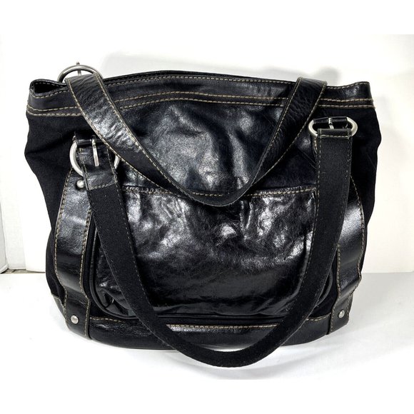 Fossil Large Black Canvas Black Leather Trim Shoulder Bag - Picture 2 of 12